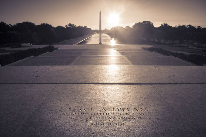 View of the Washington Monument from the Lincoln Memorial with MLK quote in view