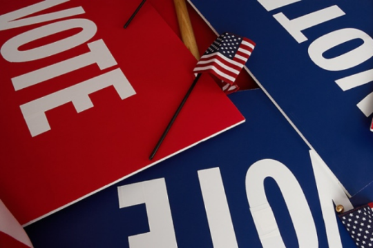 Vote signage and american flag